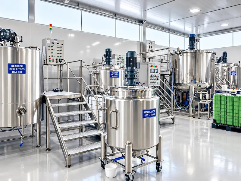 Reactores y mezcladores de acero inoxidable en la planta de producción Tarsis